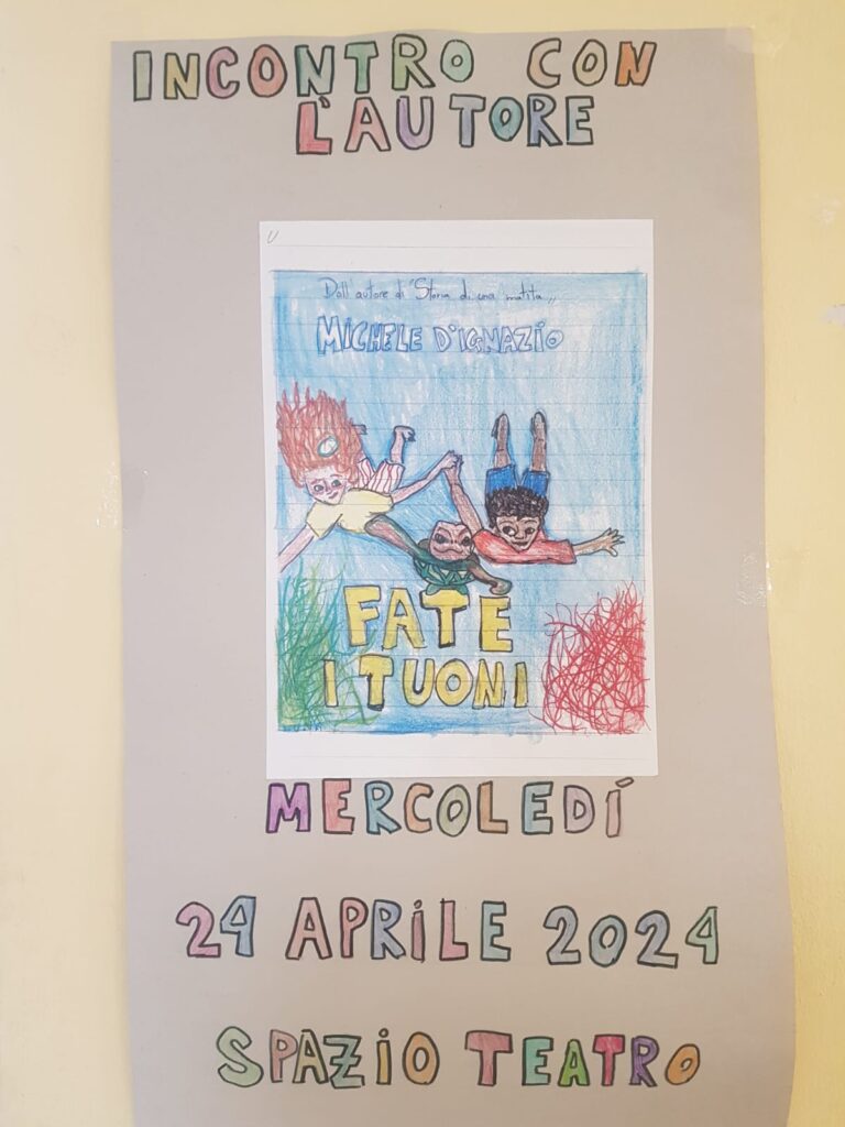 Locandina disegnata dai bambini per incontro con Michele D'Ignazio